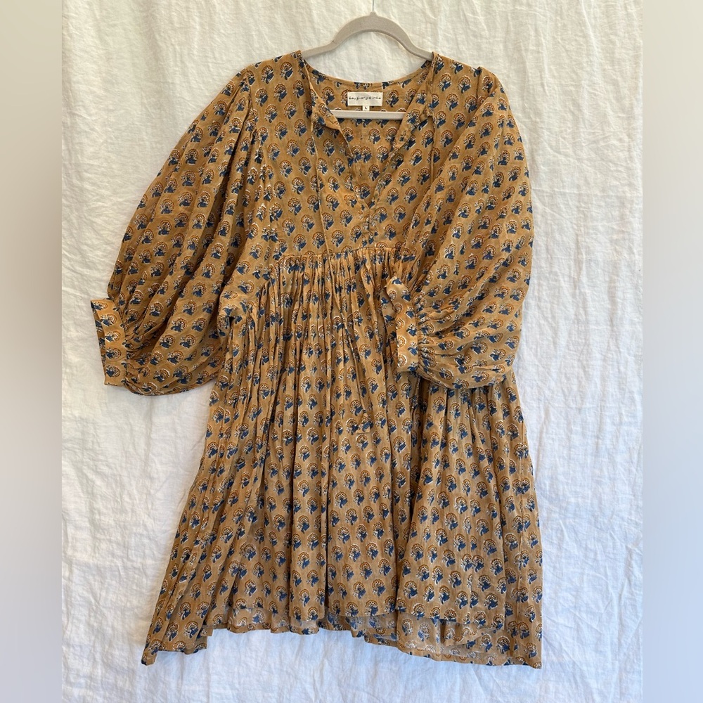 Daughters of India Brown Tan V-Neck Sundress with Bishop Sleeves